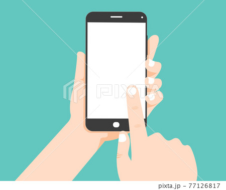Hand touching screen of black phone 77126817