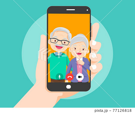 hand hold smartphone video call with grandparent 77126818