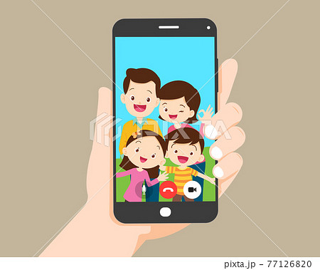 hand hold smartphone video call with family 77126820