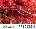 Red fishing nets with ropes and floats. Close-up shot, perfect image for aquaculture, intensive fishing and environmental protection. 77126834