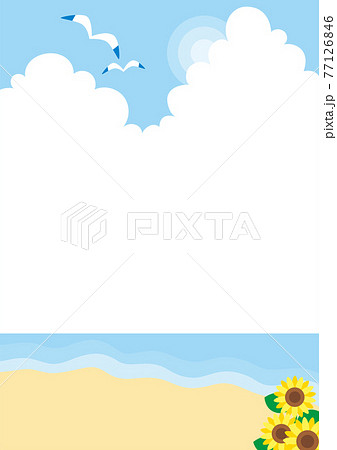 爽やかで穏やかな夏の砂浜のイラスト 可愛い シンプル 海 背景 コピースペース 入道雲 ヒマワリのイラスト素材