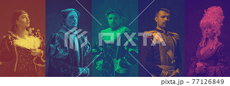 Portraits of group of medieval people on retro-styled background in duotone style, collage. 77126849