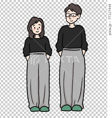 お揃いのスウェットの部屋着を着た男女のイラストのイラスト素材