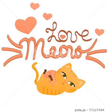 Meow cat lettering with pet character in cartoon style playing for kids posters or textile, animal lover concept Meow cat lettering with pet character in cartoon style playing for kids posters or textile, animal lover concept 77127494