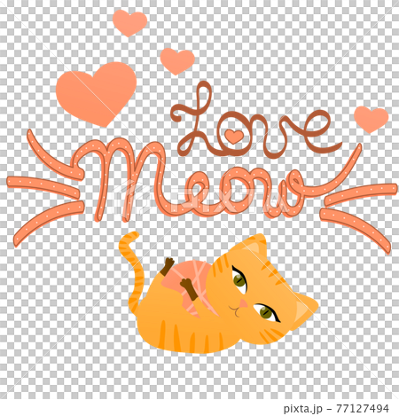 Meow cat lettering with pet character in cartoon style playing for kids posters or textile, animal lover concept Meow cat lettering with pet character in cartoon style playing for kids posters or textile, animal lover concept 77127494