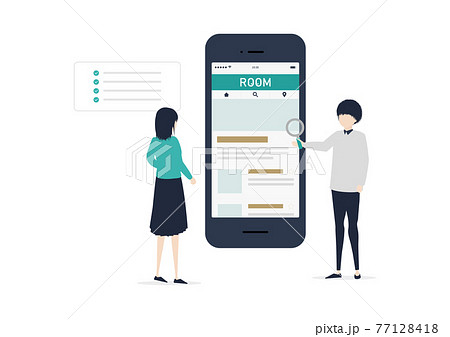 スマホでお部屋探しをする男女のイラスト素材 77128418