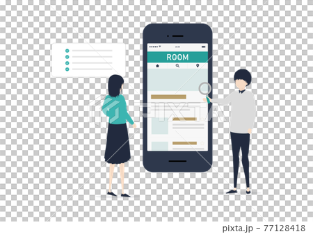 スマホでお部屋探しをする男女のイラスト素材 77128418