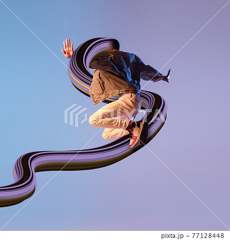 Stylish man with long fluid flood on gradient background. Negative space to insert your text. Modern design. Contemporary colorful and conceptual bright art collage. Stylish man with long fluid flood on gradient background. Negative space to insert your text. Modern design. Contemporary colorful and conceptual bright art collage. 77128448