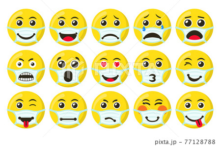 Set of Yellow Smiles icons in the medical mask, flat vector illustration 77128788