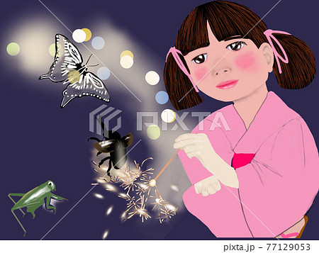 線香花火をする女の子と夏の虫たちのイラスト素材