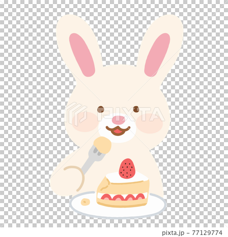 苺のショートケーキを食べる可愛くてシンプルな白ウサギのイラスト　主線なし 77129774