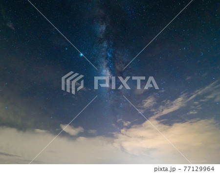 Close up of the milky way with bright stars on blue sky at night. Natural universe space landscape background. It is the galaxy that contains our Solar System Close up of the milky way with bright stars on blue sky at night. Natural universe space landscape background. It is the galaxy that contains our Solar System 77129964