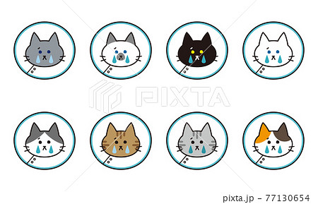 エリザベスカラーをつけた様々な猫種の泣き顔アイコンセット エリザベスカラーをつけた様々な猫種の泣き顔アイコンセット 77130654