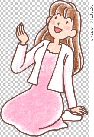 片手をあげて上を見上げながら座る女性_クレヨン画風 77133159