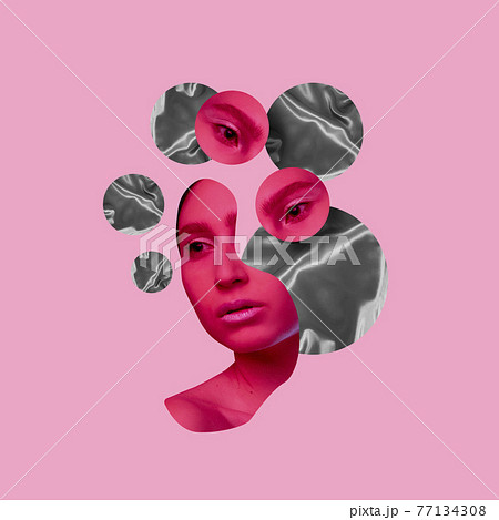 Modern design, contemporary art collage. Inspiration, idea, trendy urban magazine style. Female beauty portrait divided on pastel background Modern design, contemporary art collage. Inspiration, idea, trendy urban magazine style. Female beauty portrait divided on pastel background 77134308