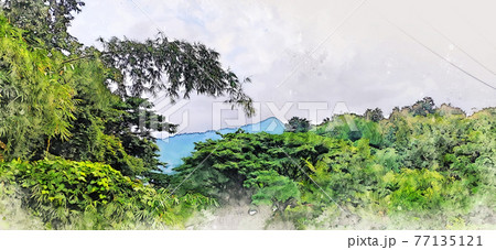 bstract colorful shape on mountain peak and tree landscape on watercolor illustration painting background. 77135121