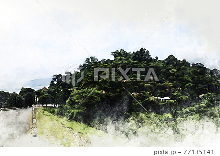 bstract colorful shape on mountain peak and tree landscape on watercolor illustration painting background. 77135141