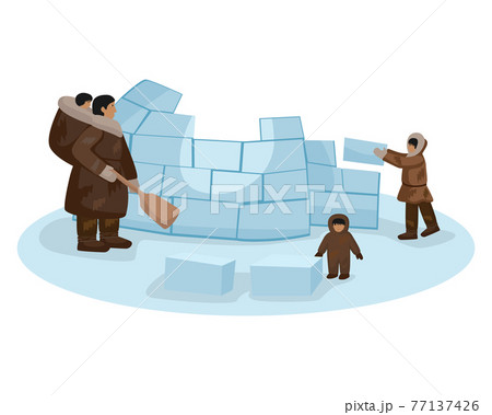 Composition Traditional family Eskimo constructing igloo from ice cubes isolated on white background. Woman and children building house with a shovel. 77137426