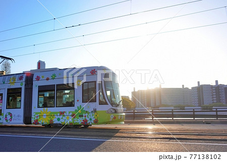 《広島市》朝日を浴びながら走行する路面電車 77138102