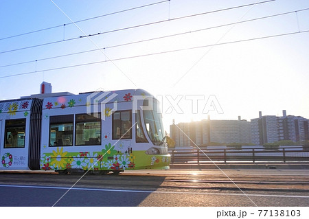 《広島市》朝日を浴びながら走行する路面電車 《広島市》朝日を浴びながら走行する路面電車 77138103