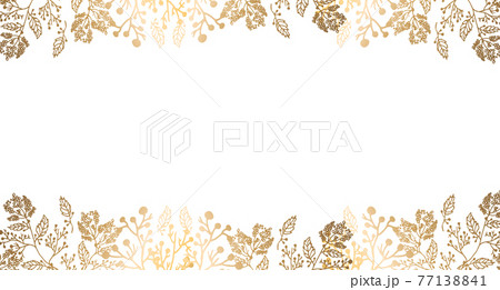 Plants line gold. The frame is shiny horizontal. Place for your text. Intertwining branches and leaves on a light beautiful background. The background color is white. Wind illustration. Plants line gold. The frame is shiny horizontal. Place for your text. Intertwining branches and leaves on a light beautiful background. The background color is white. Wind illustration. 77138841