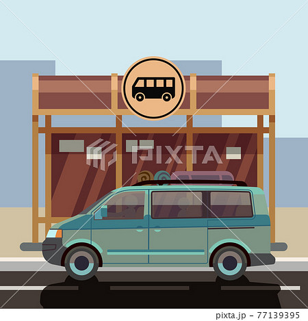 Illustration of flat style minibus on bus stop Illustration of flat style minibus on bus stop 77139395