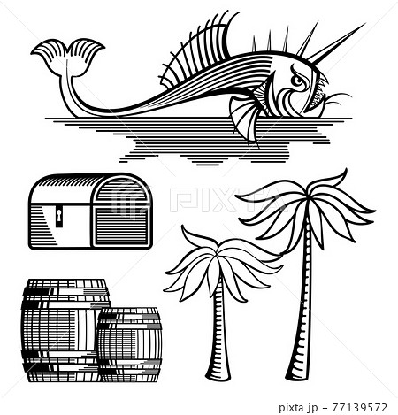 Fish, treasure chest, barrels and palm tree Fish, treasure chest, barrels and palm tree 77139572