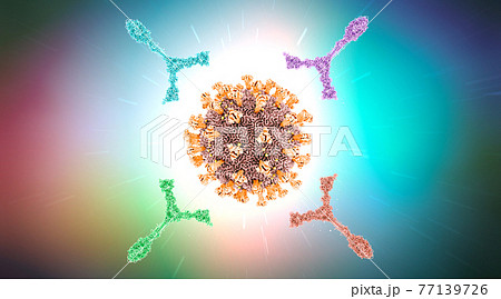 Different antibody proteins attack a virus particle - 3d illustration 77139726