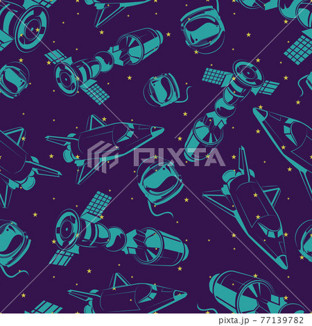 Space seamless pattern with shuttle, international space station and stars Space seamless pattern with shuttle, international space station and stars 77139782