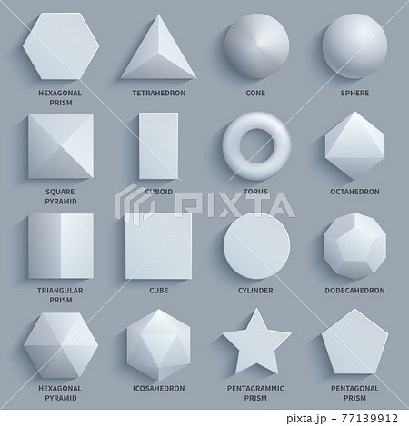 Top view realistic white math basic 3d shapes set. Three dimensional geometric figures Top view realistic white math basic 3d shapes set. Three dimensional geometric figures 77139912