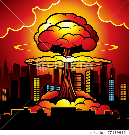 Burning city with nuclear explosion of atomic bomb. Cartoon illustration 77139956