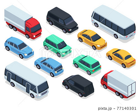 Isometric vehicles and cars for 3d city traffic map. urban transport set Isometric vehicles and cars for 3d city traffic map. urban transport set 77140301
