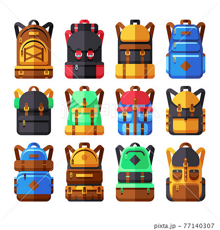 Tourist backpack flat icons. Hiker knapsack isolated on white 77140307