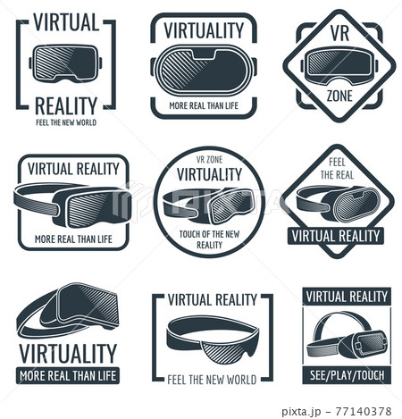 Futuristic helmet virtual reality headset logos. Vr glasses head-mounted display labels 77140378