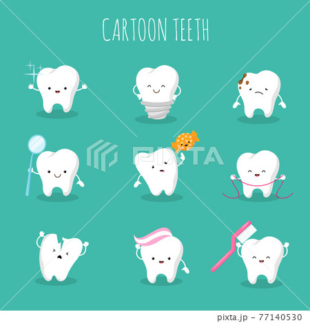 Cute cartoon tooth set. Baby teeth health and hygiene icons 77140530