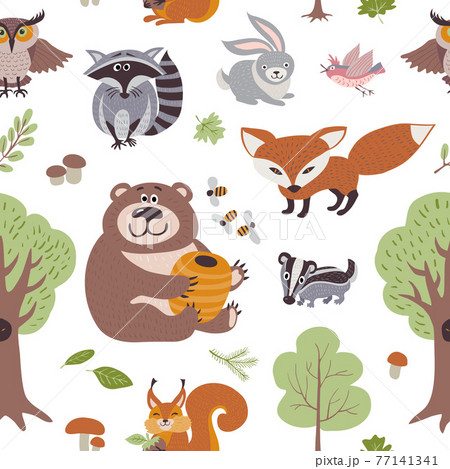Forest summer plants and woodland animals seamless pattern 77141341