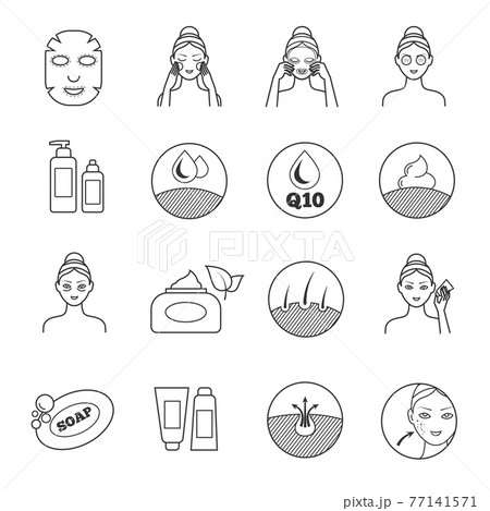 Skin care icons. Prevention of aging and eliminating of wrinkle pictograms Skin care icons. Prevention of aging and eliminating of wrinkle pictograms 77141571