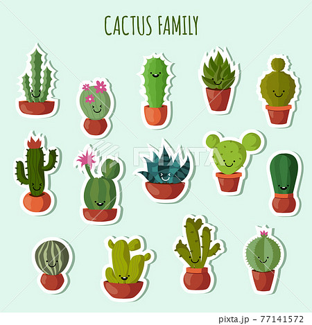Funny plants collection. Cute cactus with happy faces garden patches or stickers set Funny plants collection. Cute cactus with happy faces garden patches or stickers set 77141572