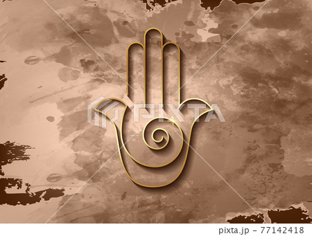 Hamsa hand Spiral icon. Gold Line Art vector Jewish religious sign. Golden luxury Hand of Fatima minimalist logo design isolated on old vintage paper brown parchment background  77142418