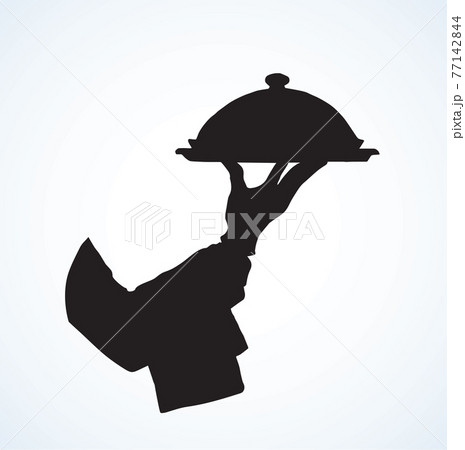 Hand of waiter with dish. Vector drawing Hand of waiter with dish. Vector drawing 77142844