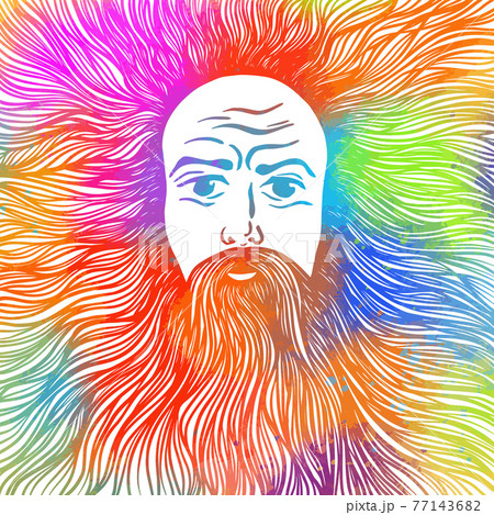 Graphic face of a bearded and long-haired man. t-shirt design. Vector illustration 77143682
