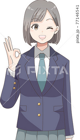 Okポーズ 笑顔の女子学生 ショートヘア のイラスト素材