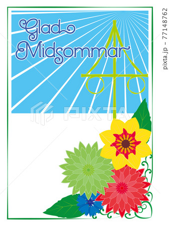 Mid Sommar 夏至祭の花とメイポールのグリーティングカードのイラスト素材