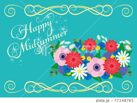 Happy Med Summer 夏至祭の花冠と飾りフレームのグリーティングカードのイラスト素材