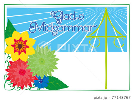 Mid Sommar 夏至祭の花とメイポールのグリーティングカードのイラスト素材
