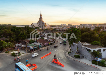 Aerial view pagoda at Wat Sothon Wararam in the morning, Chachoengsao 77150095