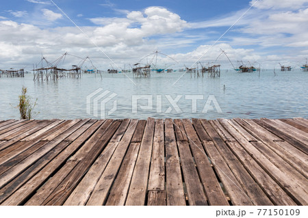 The bamboo square fishing net made of bamboo and a net by fisherman in southern Thailand, Phatthalung The bamboo square fishing net made of bamboo and a net by fisherman in southern Thailand, Phatthalung 77150109