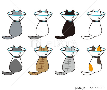 エリザベスカラーを付けた様々な猫種の後ろ姿全身セットのイラスト素材