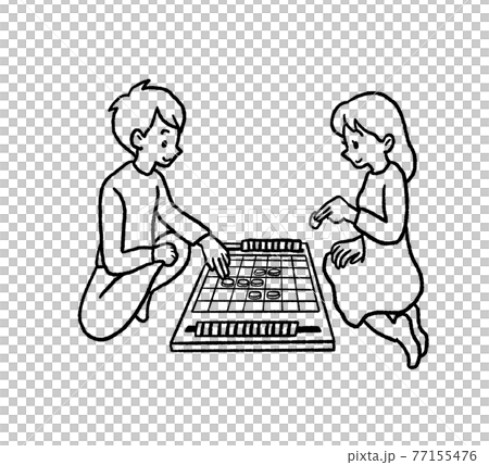 オセロゲームをするカップルの線画イラストのイラスト素材