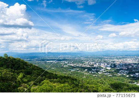 view in the mountains with cityscape over the city airatmosphere bright blue sky background abstract clear texture with white clouds. of Chiang Mai,Thailand 77155675